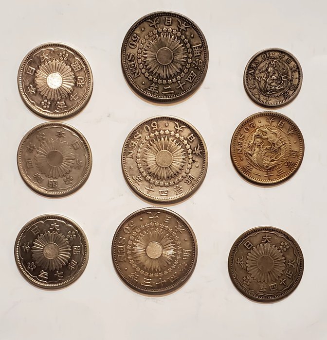 日本. 10, 20 and 50 Sen Lot of 9 coins (1898-1925)  (没有保留价)