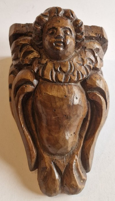 Prachtige houten beeldensokkel met Engel afkomstig uit Belgisch Klooster - Γλυπτό, Beeldensokkel met Engel - 16 cm - Ξύλο