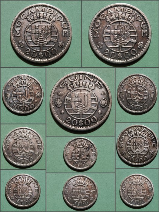 Portugiesisch Mosambik, Portugiesisch-Guinea, Portugiesisch-Westafrika. Republic. 5 + 10 + 20 Escudos 1952/1960 (11 moedas)  (Ohne Mindestpreis)