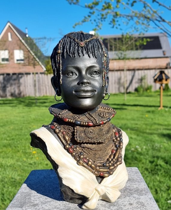 Statue, African Boy Buste - 33.5 cm - Harz