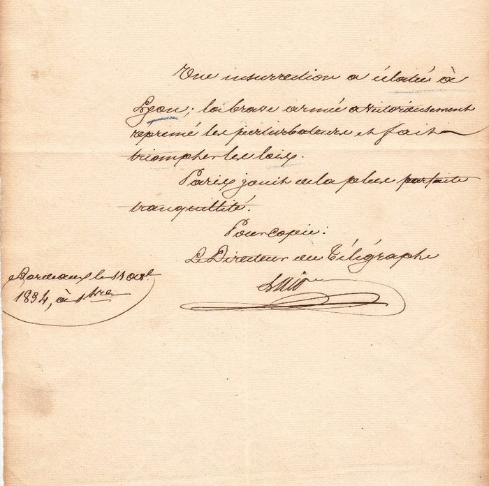 [Révolte des Canuts à Lyon] Le directeur du Télégraphe - Message autographe destiné au Télégraphe de Chappe - 1834