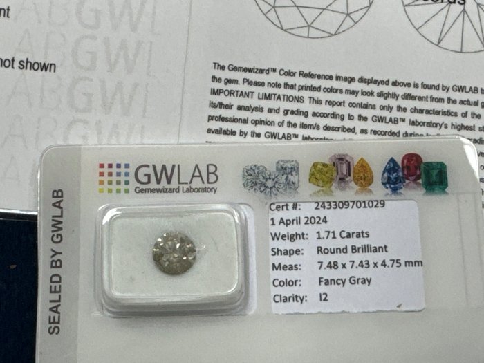 1 pcs 钻石 - 1.71 ct - 圆形 - Fancy gray - I2 内含二级, No reserve price