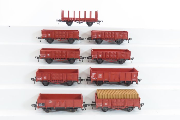 Fleischmann H0 - 5012/5014/5205 - 模型貨運火車 (7) - 6輛開箱車、1輛樁車 - DB