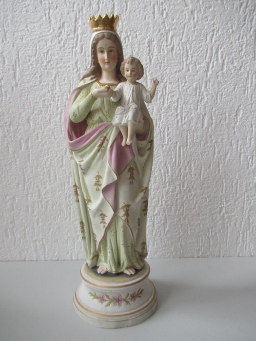 Estatua, Antiek biscuit porselein Mariabeeld - 40 cm - porcelana galleta - 1900