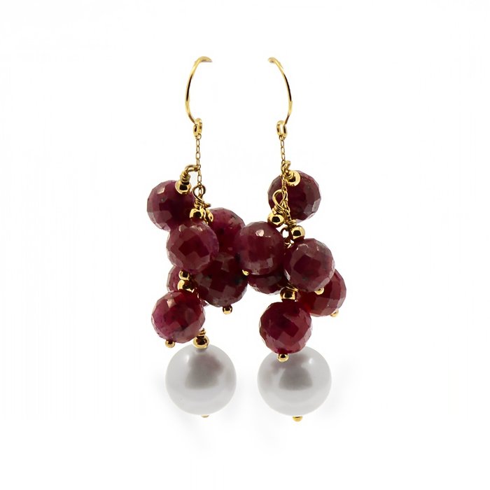 No Reserve Price - Earrings - 18 kt. Yellow gold Pearl - Ruby 