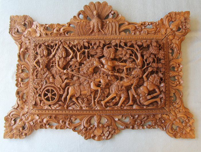 Grande sculpture sur bois - Kresna et Arjuna sur un char - Bali - Indonésie  (Sans Prix de Réserve)
