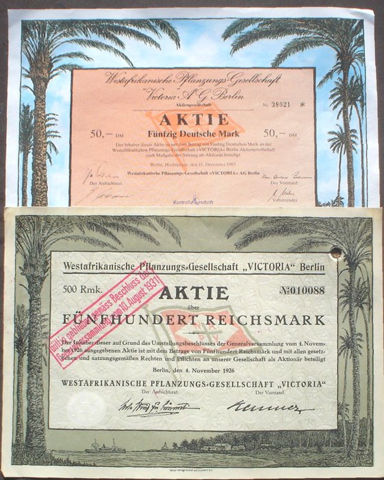 Verzameling van obligaties of aandelen - 2x Westafrikanische Pflanzungsges. Victoria 1926 + 1989