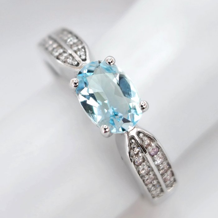 *no reserve* 0.75 ct Blue Aquamarine & 0.24 ct N.Fancy Pink Diamond Ring - 2.57 gr - 14-karatowe Białe złoto - Pierścionek - 0.75 ct Akwamaryn - Diament