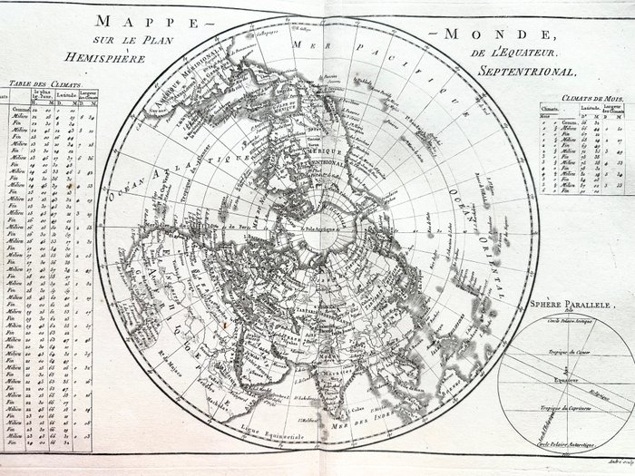Wereld, Kaart - Afrika, Azië, Europa, Amerika, Noordpool; Rigobert Bonne - Mappe Monde sur le plan de l'Equateur / Hémisphère Septentrional - 1781-1800