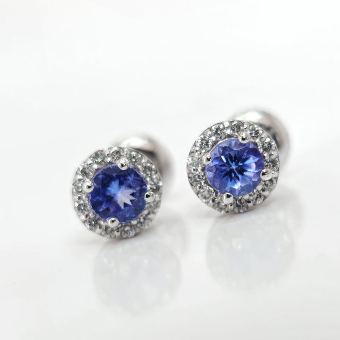 没有保留价 - 1.00 ct Blue Tanzanite & 0.26 ct E to G Diamond Halo Stud Earrings - 1.87 gr - 耳环 - 14K包金 白金 坦桑石 - 钻石 