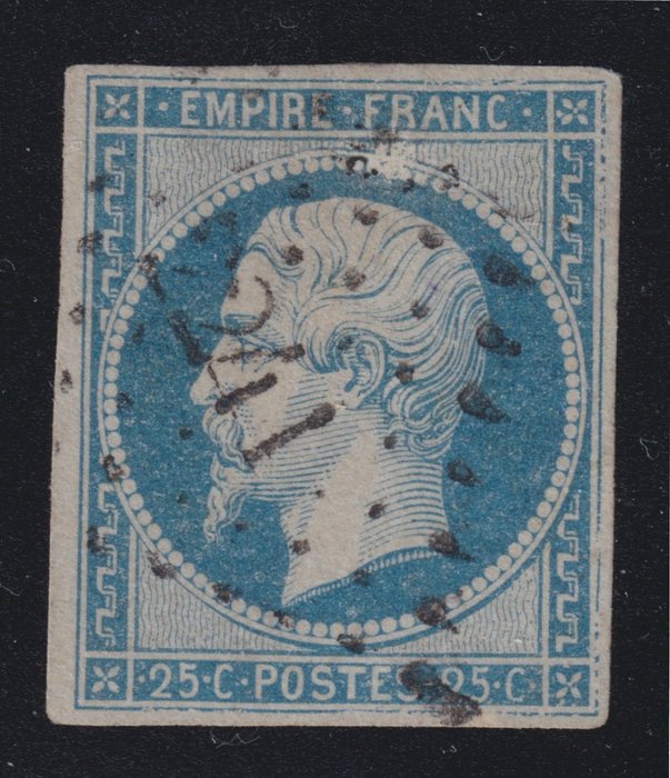 法國 1860 - 法蘭克帝國。 15 號，25c 藍色，取消，簽名小牛隊。小第一個選擇。美麗的 - Yvert