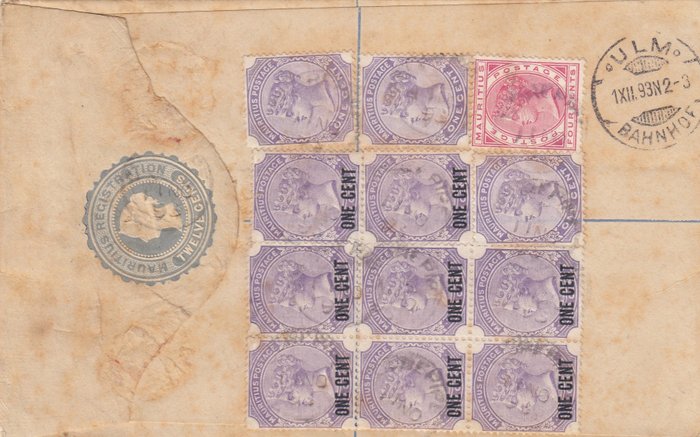 Maurícia 1892 - capa para carta registrada multifranqueada da Alemanha