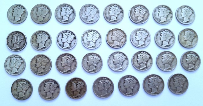 Stany Zjednoczone. A lot of 31x Silver Mercury Dimes 1917-1945  (Bez ceny minimalnej
)