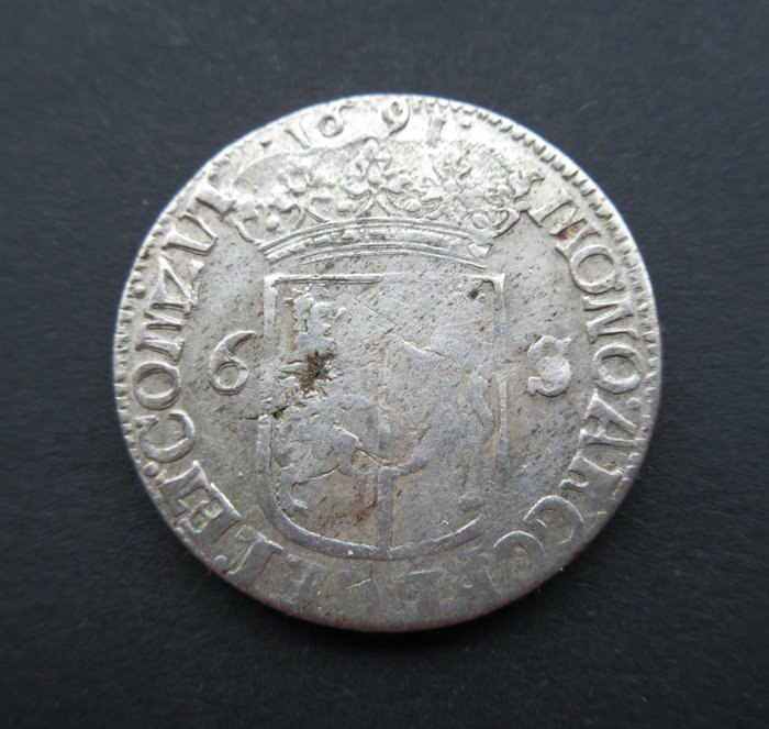 Nederländerna, Gelderland. Zilveren Rijderschelling 1691 Schaars  (Utan reservationspris)