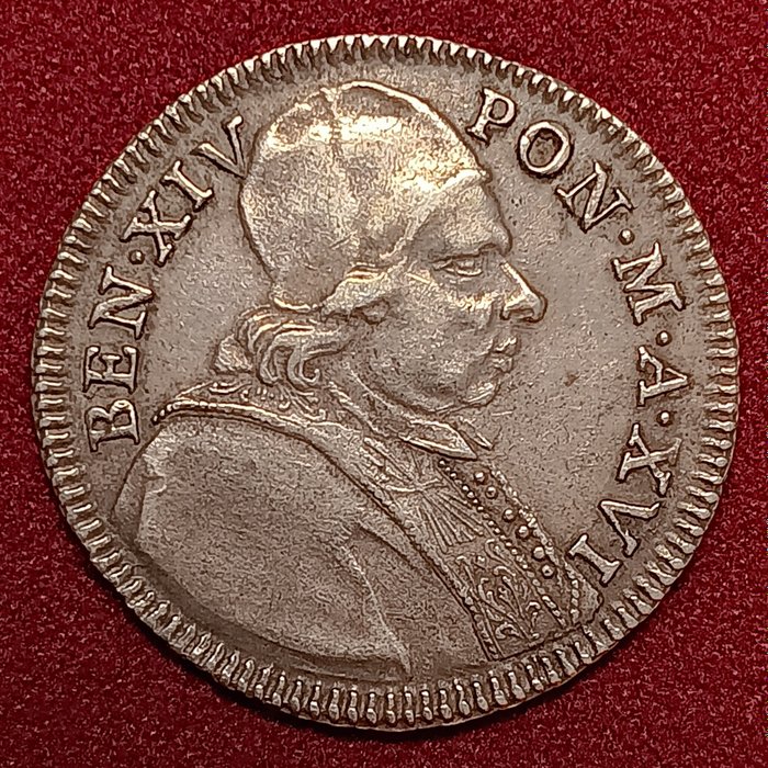 Italia, Kirkkovaltio. Bendetto XIV (1740-1758). Doppio Giulio 1756 XVI  (Ei pohjahintaa)
