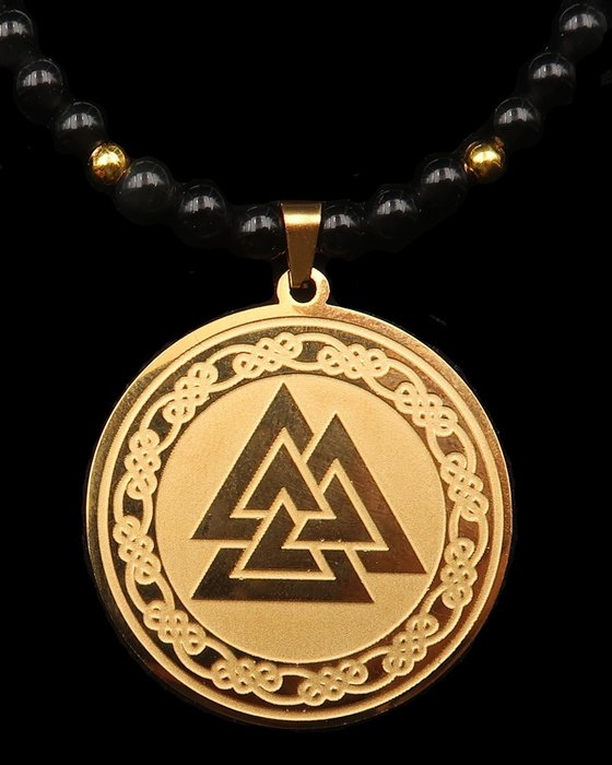 Halskette – Nordisches Symbol von Odin – Valknut – Innere Stärke – Obsidian – GF14K-Goldverschluss - Halskette