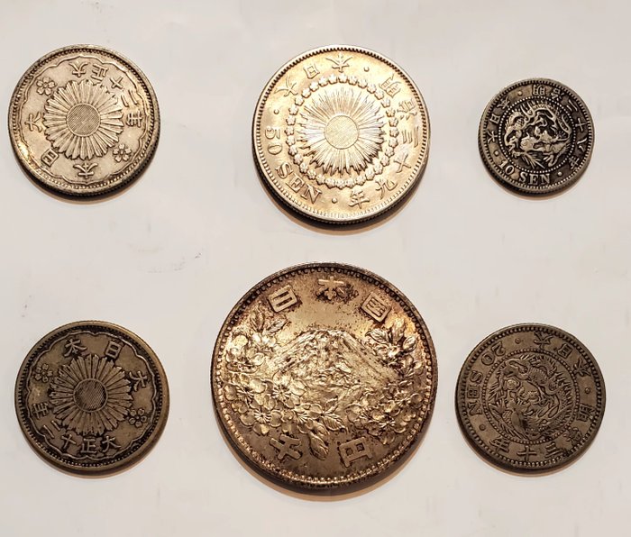 日本. 10, 20, 50 Sen and 1000 Yen Lot of 6 coins, incl. 1964 Tokyo Olympics  (沒有保留價)