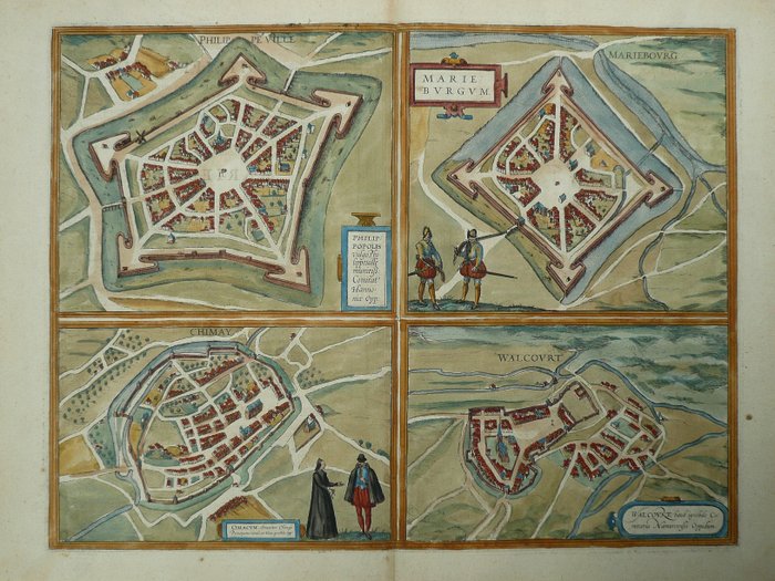 Europa, Plano urbano - Bélgica / Philippeville y otras ciudades; G. Braun / F. Hogenberg - Philippeville, Mariebourg, Chimay, Walcourt - 1561-1580