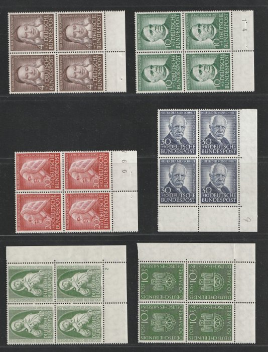 Deutschland, Bundesrepublik 1952/1954 - 3 komplette Ausgaben in 4er-Blocks - 151, 163, 173/176