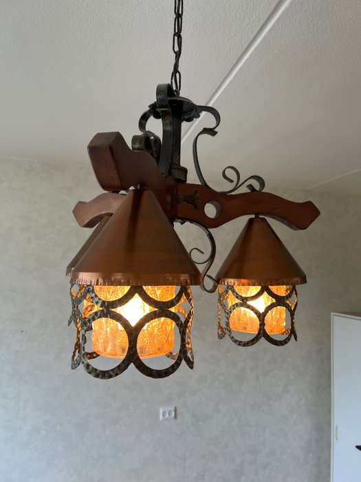 Hanging lamp - Cafe / Pub Ceiling Lamp - Copper, Glass, Metal, Wood