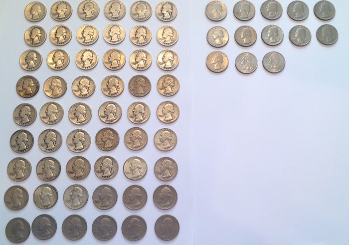Yhdysvallat. A lot of 67x Washington Quarters, of which 45x .900 Silver (ASW 8.14oz, 253,2g pure silver) 1932-2004  (Ei pohjahintaa)