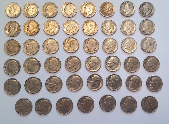 USA. A lot of 47x Roosevelt dimes, of which 24x .900 silver (ASW 1.74 oz, 53,8g pure silver) 1946-1994  (Ohne Mindestpreis)