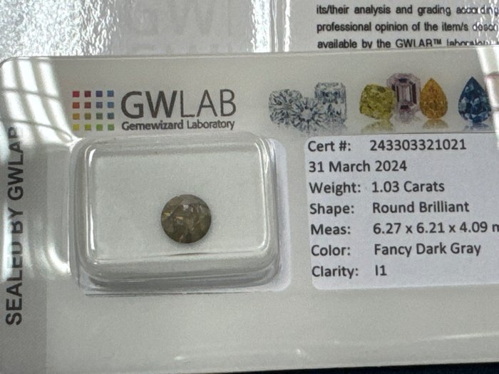 1 pcs 钻石 - 1.03 ct - 圆形 - Fancy dark gray - I1 内含一级, No reserve price