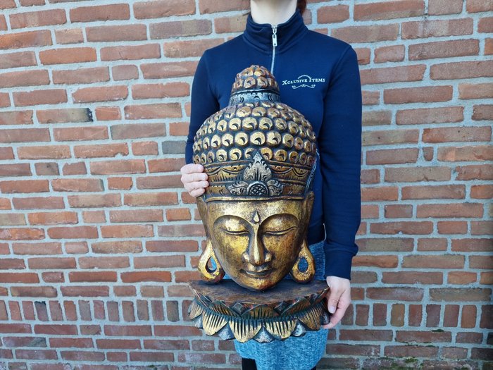 Statue, XL Carved Wooden Buddha - 57 cm - Wood