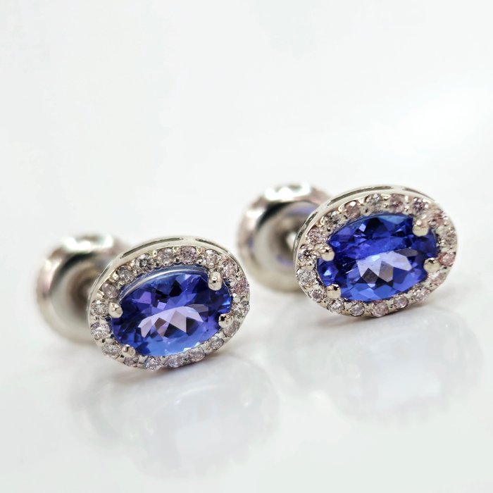 *no reserve* 1.00 ct Blue Tanzanite & 0.20 ct N.Fancy Pink Diamond Earrings - 1.58 gr - 14 kt. Valkokulta - Korvakorut - 1.00 ct Tansaniitti - Timantti
