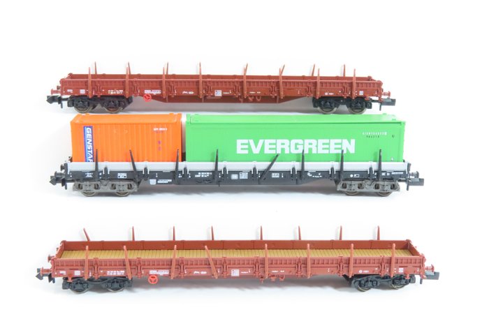Fleischmann N轨 - 8288/8249 - 模型火车货运车厢 (3) - 两辆 Renss 型支柱货车和集装箱运输车 - DB
