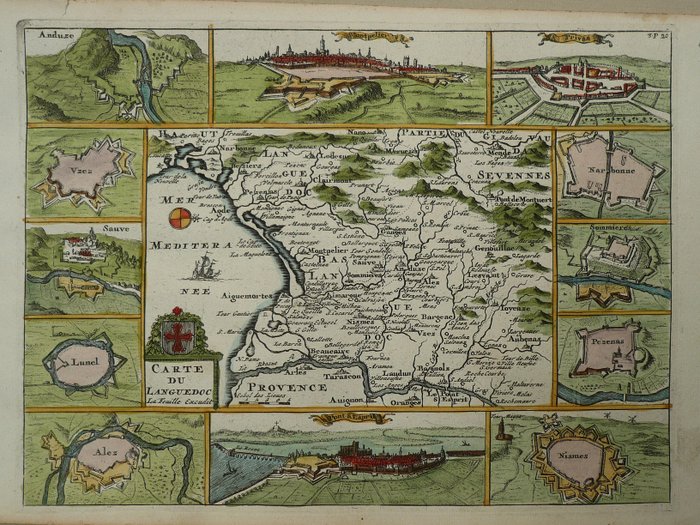 Europa, Kart - Frankrike / Languedoc / Montpellier / Narbonne; D. de la Feuille - Carte du Languedoc - 1701-1720
