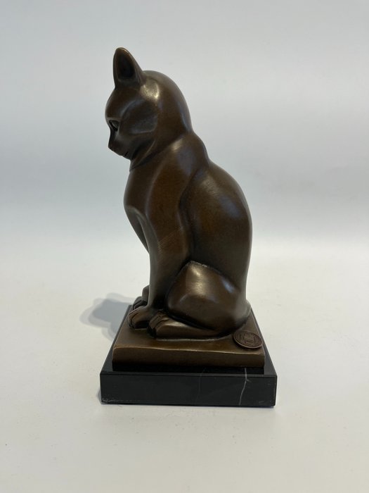 Figurka - Bronzen kat op een marmeren voet. - Brązowy, Marmur