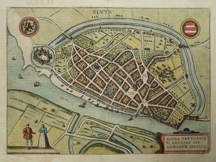 Nederland, Stadsplan - 'Sluis'; Georg Braun, Frans Hogenberg - Slusa, Teutonicae Flandriae - 1581-1600