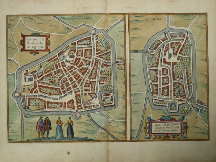 Holanda, Planta da cidade - Leeuwarden, Franeker; Georg Braun, Frans Hogenberg - Lewardum (...) / Franicher (...) - 1581-1600
