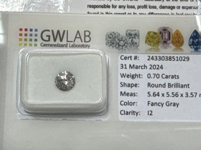 1 pcs Diamenty - 0.70 ct - okrągły - Fancy  gray - I2 (z inkluzjami), No reserve price