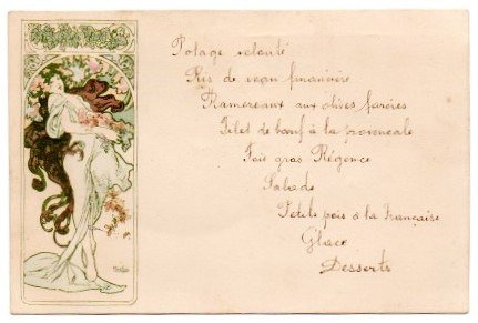 Francja - słynny ilustrator Alfons Mucha - menu na ilustrowanej karcie - Pocztówka (1) - 1905-1905