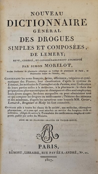 Simon Morelot - Nouveau Dictionnnaire Général des Drogues Simples et Composées de Lemery - 1807
