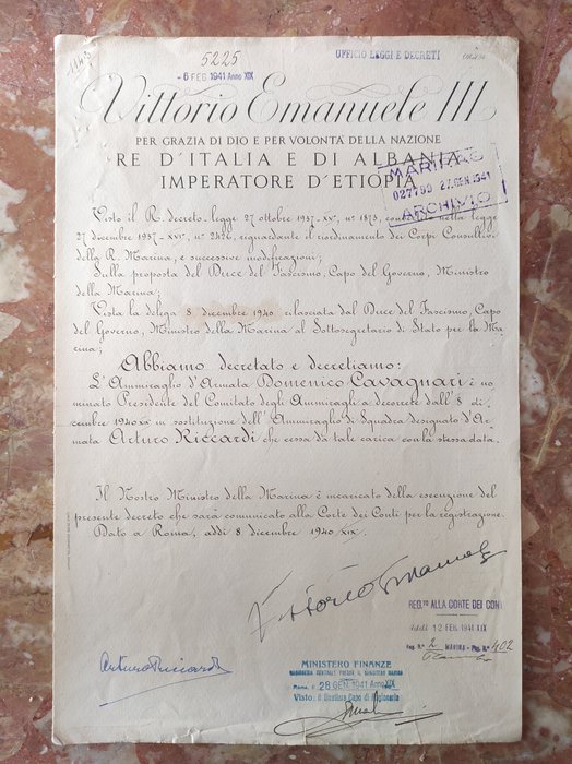 Asiakirja - Autografo Ammiraglio Riccardi e Re Vittorio Emanuele III - Nomina Ammiraglio Cavagnari - Primo - 1940