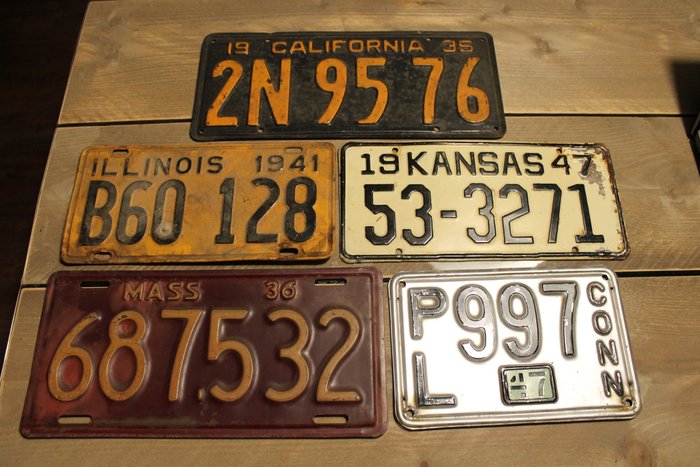 Nummerplåt (5) - License plates - Bijzondere zeldzame set originele nummerplaten uit de USA - erg oude nummerplaten vanaf 1935 zelfs - 1930-1940