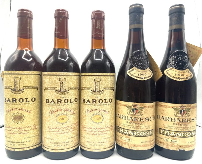 1969 x2, 1971  Ris. Lanzavecchia Barolo & 1969 x2 Ris. Francone Barbaresco - 皮埃蒙特 - 5 瓶 (0.75L)