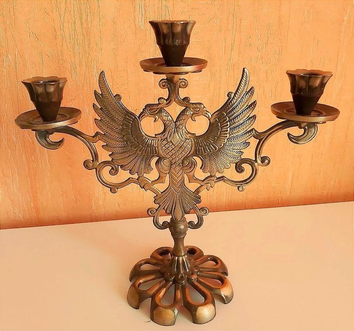 Suport de lumânări Suport de lumânare triplu din bronz rusesc Regal cu stemă de vultur cu două capete - Alamă