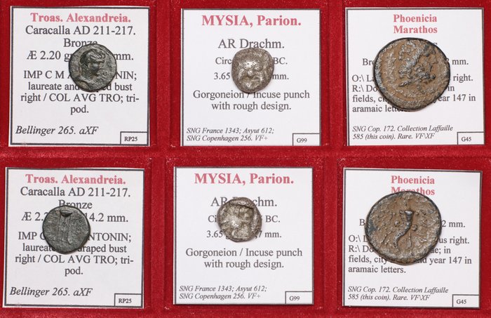 Fenicia, Troas, Misia. Lot of 3 greek coins. 500 BC - 217 AD