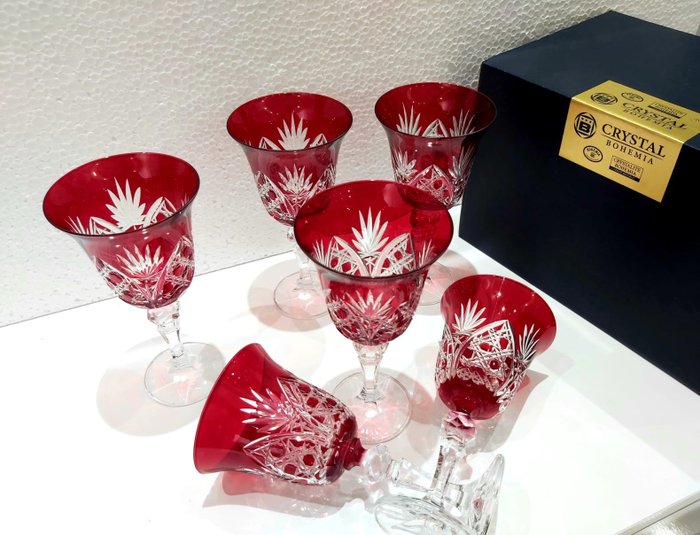Coppa (6) - Handmade Six Pieces of Red Crystal Goblet Bohemian (Elegand) (6) - Crystal - Cristallo