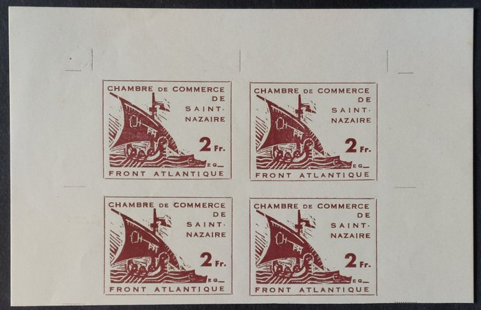 France 1945 - Yvert War stamp 9 - Commerce de Saint-Nazaire, 2 f. brun-lilas s. vert pâle, non dentelé, bloc de 4
