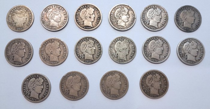 Yhdysvallat. A Lot of 16x Silver Barber Dimes 1898-1916  (Ei pohjahintaa)