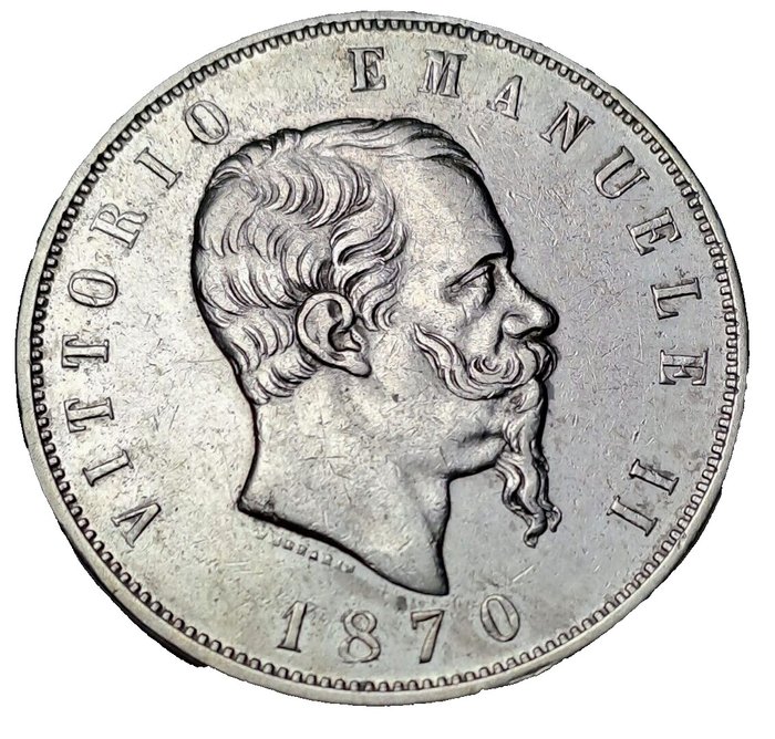 Itália, Reino da Itália. Vítor Emanuel II de Saboia (1861-1878). 5 Lire 1870 - Roma