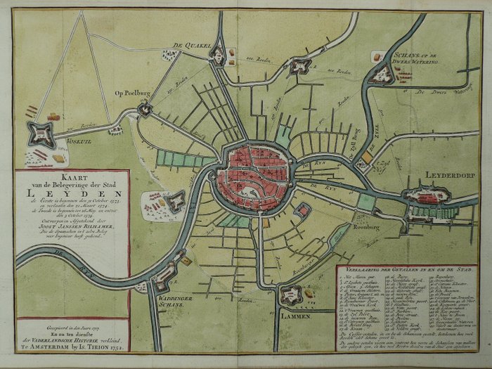 Holanda, Planta da cidade - Liderar; Isaac Tirion - Kaart van de Belegeringe der stad Leyden - 1761-1780