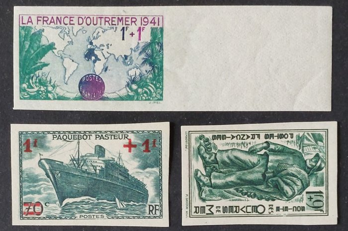 法國 1941 - 一組 3 張無齒孔郵票 - Yvert 502, 503 et 504