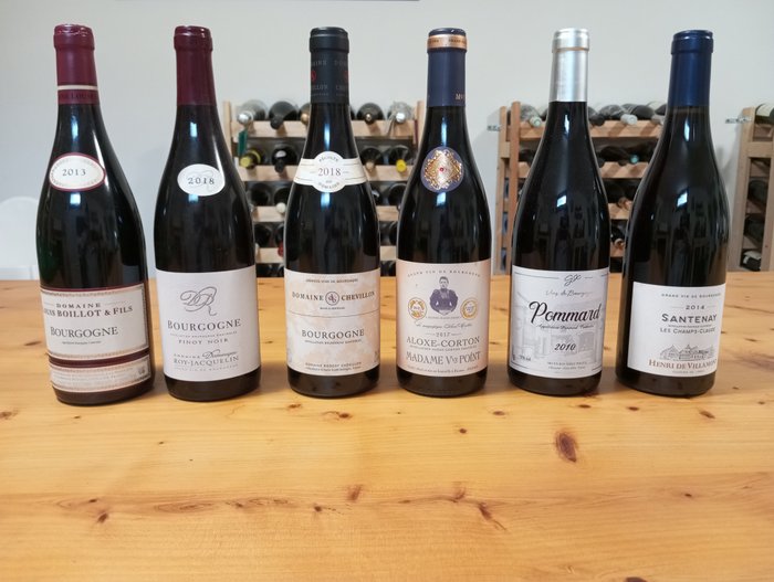 2013 Bourgogne rouge Boillot, 2018 Roy, Chevillon, 2017 Aloxe Corton, 2010 Pommard & 2014 Santenay - Borgoña - 6 Botellas (0,75 L)