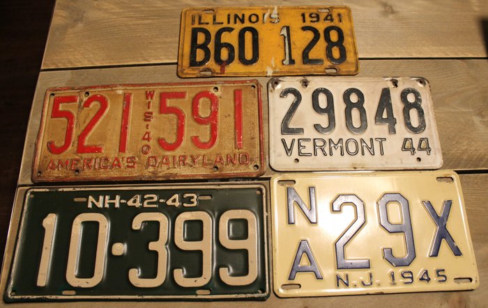 Nummerplade (5) - License plates - Bijzondere zeldzame set originele nummerplaten uit de USA - WW2 memorabilia - tweede wereldoorlog - - 1940-1950